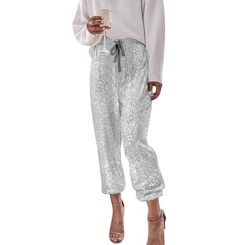 Glitzer Hose Damen Lang Pailletten Karneval Sparkling Glitzerhose Pailettenhose Streetwear Gold Silvester Yogahose Sylvester Party Outfit Marlenehose Pailetten Festival Weites Bein Winterhose von Viunychn