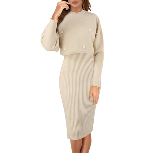 Herbstkleid Damen Winter Elegant Herbst Strickkleid Winterkleid Pulloverkleid 2 Teilig Moderne Midi Langarm Winterkleider Midikleid Sweat Weihnachten Autumn Knitted Skims Dress for Women @2 von Viunychn