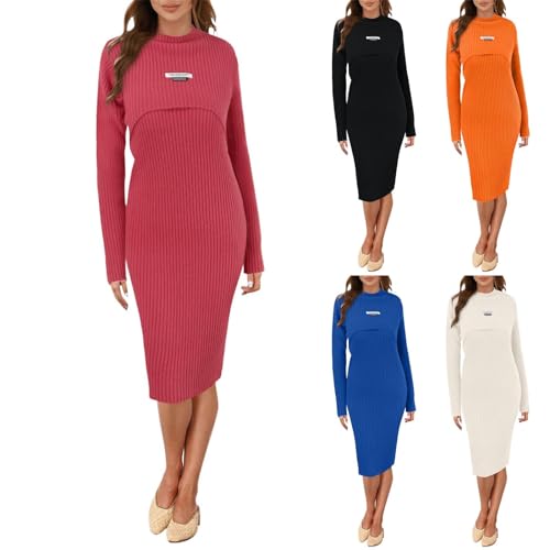Pulloverkleid Damen Winter Elegant Herbst Strickkleid Winterkleid Herbstkleid Two Piece Moderne Midi Mit Rundhalsausschnitt Winterkleider Etuikleid Comfy Cozy Elegantes Knitted Dress for Women @2 von Viunychn