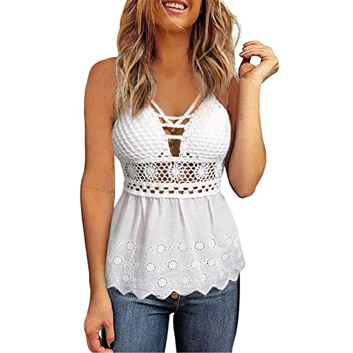 Sommer Ärmellos Tank Tops für Damen Neckholder Schulterfrei Rückenfrei Cut Out Besticktes Locker Spaghettiträger Tops Trägershirts Camisole Weste Einfarbig Elegant Coole Cami Shirts Oberteil Bluse von Viunychn