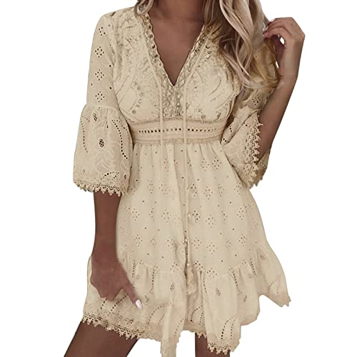 Strandkleid Damen Knielang Kurz Sommerkleid Hippie Boho Style Kleid Weiß Tunika Spitzenkleid Häkelkleid Musselin V Ausschnitt Sommerkleider Elegante Schicke Weißes Kleider Sommerkleidung Damenkleider von Viunychn