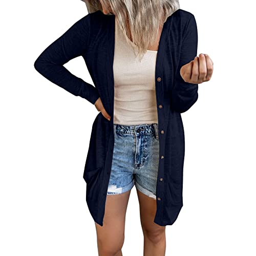 Strickjacke Damen Sommer Leichte Strickjacke Lang mit Taschen und Knöpfen Long Elegant Cardigan V-Ausschnitt Knopfleiste mit Taschen Elegante Schulterjacke Top Sommer Dünne Mantel Strickmantel von Viunychn