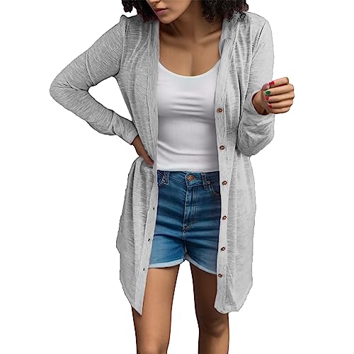 Strickjacke Damen Sommer Leichte Strickjacke Lang mit Taschen und Knöpfen Long Elegant Cardigan V-Ausschnitt Knopfleiste mit Taschen Elegante Schulterjacke Top Sommer Dünne Mantel Strickmantel von Viunychn