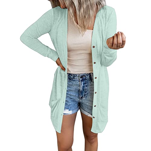 Strickjacke Damen Sommer Leichte Strickjacke Lang mit Taschen und Knöpfen Long Elegant Cardigan V-Ausschnitt Knopfleiste mit Taschen Elegante Schulterjacke Top Sommer Dünne Mantel Strickmantel von Viunychn