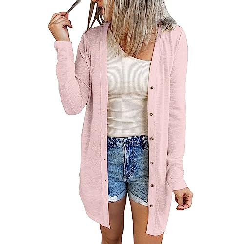 Strickjacke Damen Sommer Leichte Strickjacke Lang mit Taschen und Knöpfen Long Elegant Cardigan V-Ausschnitt Knopfleiste mit Taschen Elegante Schulterjacke Top Sommer Dünne Mantel Strickmantel von Viunychn