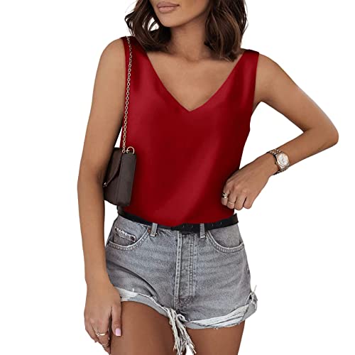 Tank Top Damen Satin Cami Shirt V-Ausschnitt Camisole Sommer Weste Bluse Strap Basic Cami Lässiges Cami Ärmellose Blusen von Viunychn