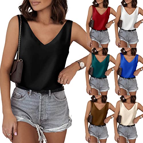 Tank Top Damen Satin Cami Shirt V-Ausschnitt Camisole Sommer Weste Bluse Strap Basic Cami Lässiges Cami Ärmellose Blusen von Viunychn