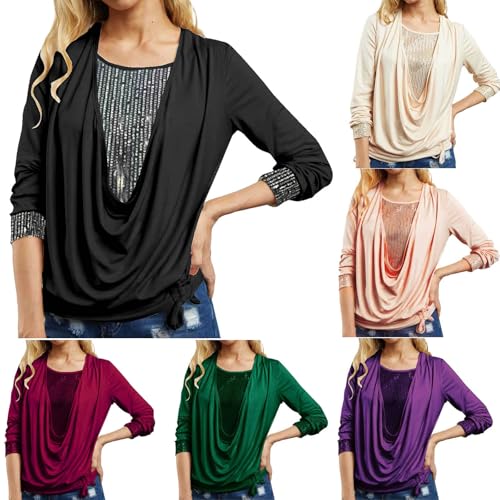 Tunika Damen Elegant Pailletten Oberteil Festliche Bluse - Langarm Tunika Lässig Rundhals Glitzer Oberteile Langarmshirt Große Größen Glitzertop Blusenshirt Festlich Party Bluse Glitzer Shirt von Viunychn