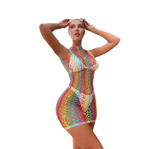 Viunychn Damen Regenbogen Durchsichtig Mesh Kleid, Mehrfarbig Dessous-Bodysuit, Fischnetz Netzkleid, Bademode, Cover-Ups Netz Minikleid, Strandkleid, Tunika-Kleid, Party, Nachtwäsche Reizwäsche Kleid von Viunychn