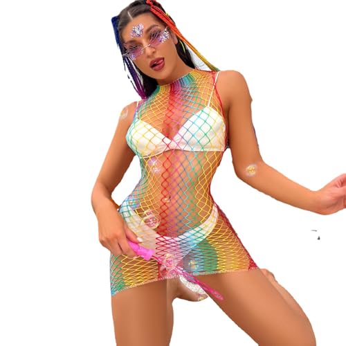 Viunychn Damen Regenbogen Durchsichtig Mesh Kleid, Mehrfarbig Dessous-Bodysuit, Fischnetz Netzkleid, Bademode, Cover-Ups Netz Minikleid, Strandkleid, Tunika-Kleid, Party, Nachtwäsche Reizwäsche Kleid von Viunychn