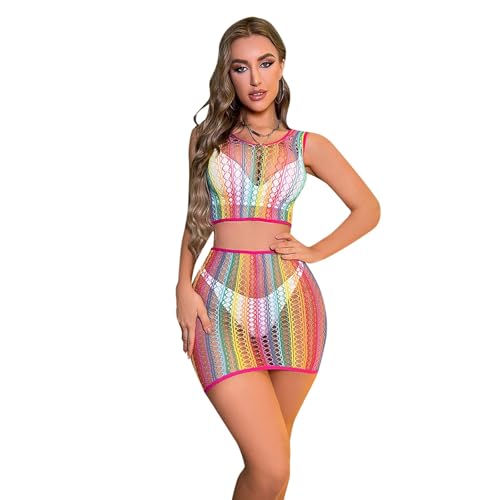 Viunychn Damen Regenbogen Durchsichtig Mesh Kleid, Mehrfarbig Dessous-Bodysuit, Fischnetz Netzkleid, Bademode, Cover-Ups Netz Minikleid, Strandkleid, Tunika-Kleid, Party, Nachtwäsche Reizwäsche Kleid von Viunychn