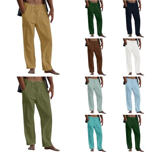 Viunychn Leinenhose Herren, Hippie atmungsaktiv Leinen Freizeithose mit Kordelzug Taschen Sporthose lässig Jogginghose Elastische Taille Hose Chinesische Baggy-Hose Klassische Leicht Sommerhose von Viunychn