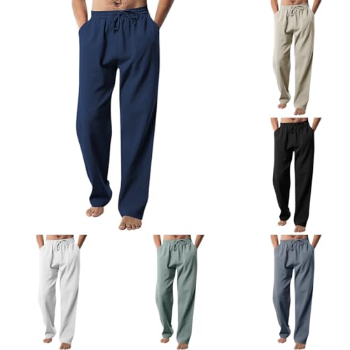 Viunychn Leinenhose Herren, Hippie atmungsaktiv Leinen Freizeithose mit Kordelzug Taschen Sporthose lässig Jogginghose Elastische Taille Hose Chinesische Baggy-Hose Klassische Leicht Sommerhose von Viunychn