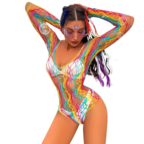 Viunychn Netzkleider Damen Sexy Regenbogen Bodystocking Spitze Rainbow Mesh Große Größen Netzkleider Bikini Cover Up Langarm Negeligee Minikleid für Strand Mehrfarbig/One Size von Viunychn