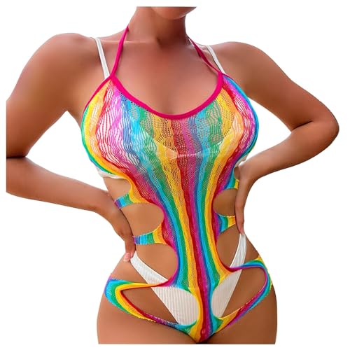 Viunychn Netzkleider Damen Sexy Regenbogen Bodystocking Spitze Rainbow Mesh Große Größen Netzkleider Bikini Cover Up Langarm Negeligee Minikleid für Strand Mehrfarbig/One Size von Viunychn