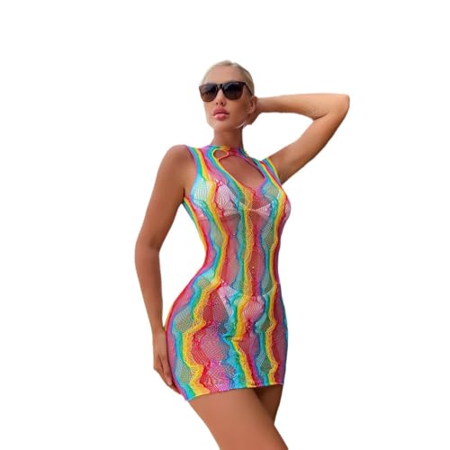 Viunychn Netzkleider Damen Sexy Regenbogen Bodystocking Spitze Rainbow Mesh Große Größen Netzkleider Bikini Cover Up Langarm Negeligee Minikleid für Strand Mehrfarbig/One Size von Viunychn