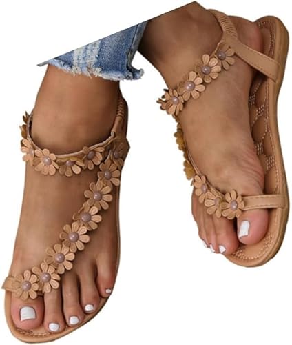 Viunychn Sandalen Damen Sommer Flach Bequem Römer Zehentrenner Weite Blume Flach Boden Zehentrenner Orthopädische Elegant Boho Slipper Sommerschuhe mit Blumen Pantoletten von Viunychn