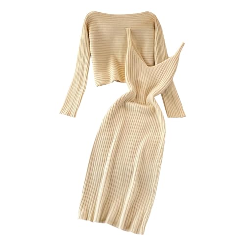 Viunychn Strickkleid Damen Herbst Beige Winter Elegant Herbstkleid Winterkleid Pulloverkleid 2 Teiler Moderne Midi Langarm Winterkleider Wollkleid Comfy Autumn Korean Frauen Knitted Skims Dress @2 von Viunychn