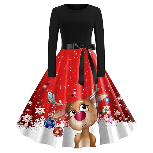 Viunychn Weihnachtskleid Damen Elegant Langarm Vintage Weihnachtskleider Für Damen Etuikleid Damen Kleid Kleider Frauen Blusenkleid Christmas Dresses Mädchen Rot Festlich Festival Große Größe @2 von Viunychn