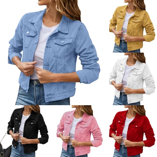 Viunychn Weiße Jeansjacke Damen,Damen Jeans Jacke Langarm Einfarbig Knopf Kurze Jeansjacke mit Taschen Sale Leichte Jacken für Frauen Fashion Aesthetic Vintage Streetwear von Viunychn