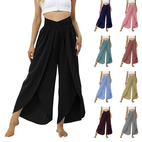 Viunychn Weite Hose Damen Crossover Hohe Taille Bootcut Yogahose Split Flare Leg Elastische Palazzo Hose Sommerhose Leicht Jogginghose Freizeithose Haremshose Wide Leg Pants Women von Viunychn