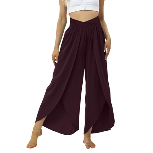 Viunychn Weite Hose Damen Crossover Hohe Taille Bootcut Yogahose Split Flare Leg Elastische Palazzo Hose Sommerhose Leicht Jogginghose Freizeithose Haremshose Wide Leg Pants Women von Viunychn