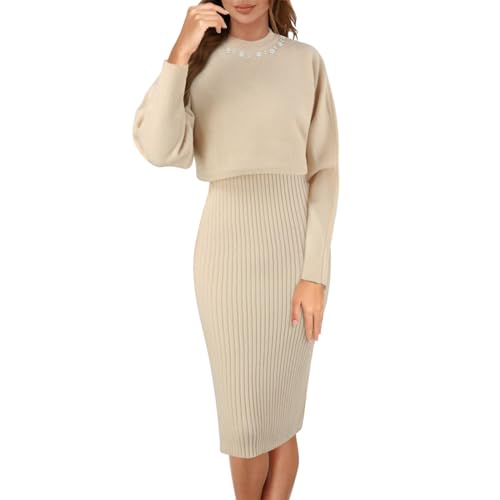 Winterkleid Damen Herbst Elegant Beige Winter Strickkleid Herbstkleid Pulloverkleid Two Piece Moderne Figurbetontes Winterkleider Herbstkleider Hochzeitsgast Zwei Sweat Knitted Skims Dress @2 von Viunychn