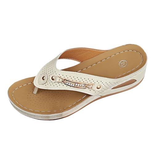 Zehentrenner Damen Leder Pu-Leder Römer Boho Thong Sandals Flache Schuhe Atmungsaktiv Blumenstickerei Pantoffeln Slippers mit Natur Kork-Fussbett mit Weiche Fussbett Outdoor von Viunychn