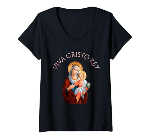 Damen Viva Cristo Rey katholische Jungfrau Maria T-Shirt mit V-Ausschnitt von Viva Cristo Rey Roman Catholic Cristeros
