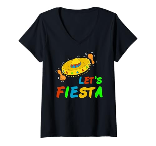 Damen Fiesta Party Sombrero Maracas Lustig T-Shirt mit V-Ausschnitt von Viva Lateinische Feier Humor