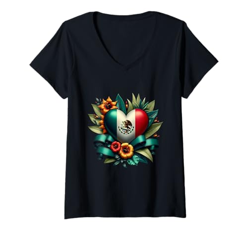 Damen Mexikanische Flagge Herz mit Blumen und Blättern T-Shirt mit V-Ausschnitt Damen Mexikanische Flagge Herz mit Blumen und Blättern T-Shirt mit V-Ausschnitt von Viva Mexico Floral Pride