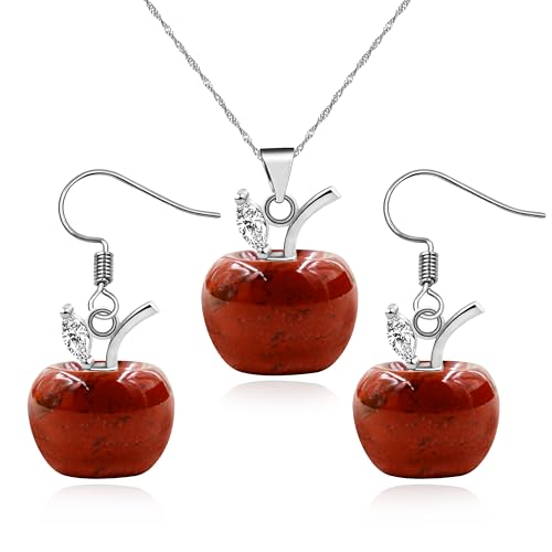 Vivaday Damen Natürlicher Roter Stein Apfelanhänger Halskette Ohrring Set | Charmantes Rotes Apfeldesign Erntefest Geschenk für Ehefrau von Vivaday