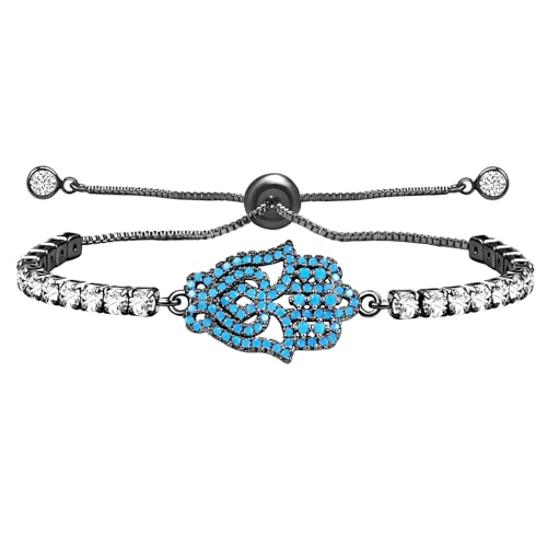 Vivaday Hamsa-Handarmband mit verstellbarer Messingkette mit schwarzem Finish | Einzigartiges Glücks- und Freundschafts-Tennisarmband | Weißer und blauer Zirkonia-Anhänger YA4942 von Vivaday