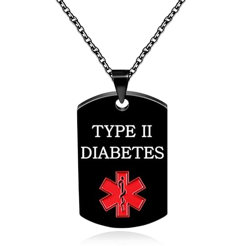 Vivaday Typ 2 Diabetes Gravierte Medizinische ID-Halskette | Schwarz beschichtete Medizinische Notfall-Anhänger mit rotem Gesundheits-ID-Tag | Erste-Hilfe-Schmuck für Erwachsene | Verstellbare Kette von Vivaday