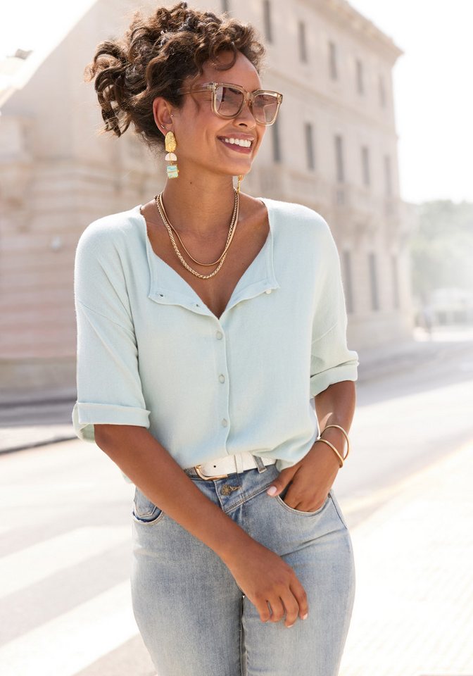 Vivance Kurzarmpullover mit Knopfleiste, beidseitig tragbar, 3/4-Pullover, Feinstrickqualität von Vivance