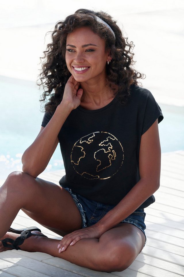 Vivance Rundhalsshirt mit goldfarben schimmerndem Frontprint aus weicher Baumwoll-Slub-Qualität von Vivance