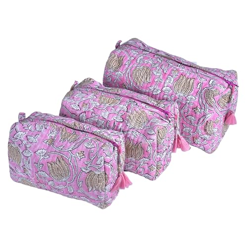 Vivanta Gestepptes Make-up-Taschen-Set, 3-teilig, Reise-Kulturbeutel für Damen, kleine Kosmetiktaschen, Toilettenartikel-Organizer, Make-up-Reisetasche, tragbare Kulturbeutel und floraler Blockdruck Vivanta Gestepptes Make-up-Taschen-Set, 3-teilig, Reise-Kulturbeutel für Damen, kleine Kosmetiktaschen, Toilettenartikel-Organizer, Make-up-Reisetasche, tragbare Kulturbeutel und floraler Blockdruck von Vivanta