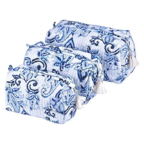 Vivanta Gestepptes Make-up-Taschen-Set, Indigo-Blockdruck, Kulturbeutel für Damen, Reise-Make-up-Organizer, Kosmetiktaschen, Set mit 3 floralen Baumwolltaschen, Reisegröße, Kulturbeutel mit Vivanta Gestepptes Make-up-Taschen-Set, Indigo-Blockdruck, Kulturbeutel für Damen, Reise-Make-up-Organizer, Kosmetiktaschen, Set mit 3 floralen Baumwolltaschen, Reisegröße, Kulturbeutel mit von Vivanta