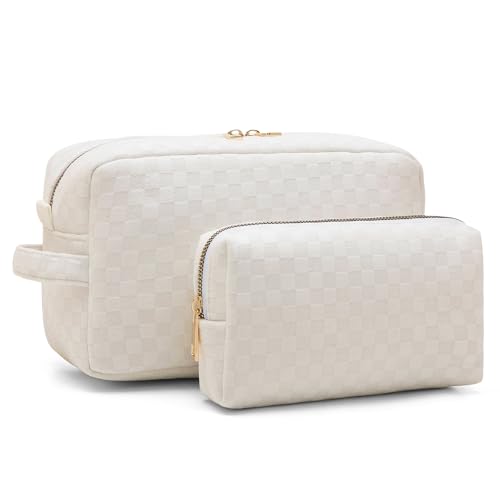 Viverte 2 große karierte Make-up-Tasche, Kosmetiktasche für Damen, Reise-Kulturbeutel, Make-up-Pinseltasche, Organizer, Beige von Viverte