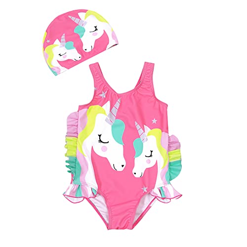 Vivi Idee Kinder Badeanzug Mädchen 1-8 Jahre UPF 50+ UV Schutz Bademode Set Einteiler, Einhorn Schwimmanzug mit Badekappe für Wassersport (92-98) von Vivi Idee