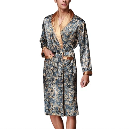 Vivi Idee Morgenmantel Herren Schlafmantel Bademantel kimono lang leicht satin Sauna (Dunkelblau, L) von Vivi Idee