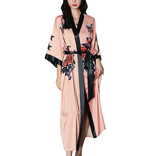 Vivi Idee Morgenmantel damen leicht Bademantel kimono lang satin Sauna Bathrobe Schlafmantel Einheitsgröße (Blau - Kranich und Kiefer) von Vivi Idee