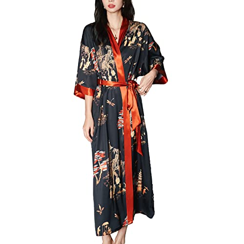 Vivi Idee Morgenmantel damen leicht Bademantel kimono lang satin Sauna Bathrobe Schlafmantel Einheitsgröße (schwarz rot-Weidenblick) von Vivi Idee