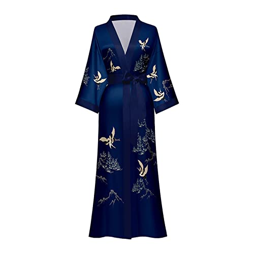 Vivi Idee Morgenmantel damen leicht Bademantel kimono lang satin Sauna Bathrobe Schlafmantel Einheitsgröße (weiß-Klatschmohn) von Vivi Idee