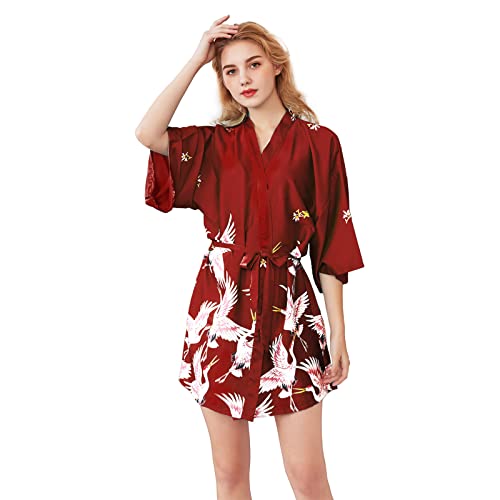Vivi Idee Nachthemd Morgenmantel Damen leicht sexy Negligee Kimono kurz Satin Sommer Schlafshirt Nachtkleid Unterkleid (Weinrot, M) von Vivi Idee