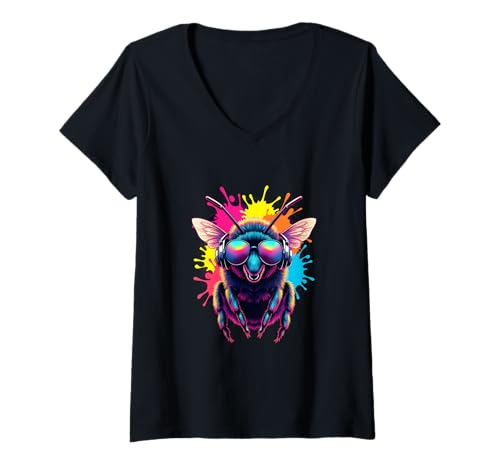 Damen Retro Bee mit Kopfhörern T-Shirt mit V-Ausschnitt von Vivid Groove Wildlife