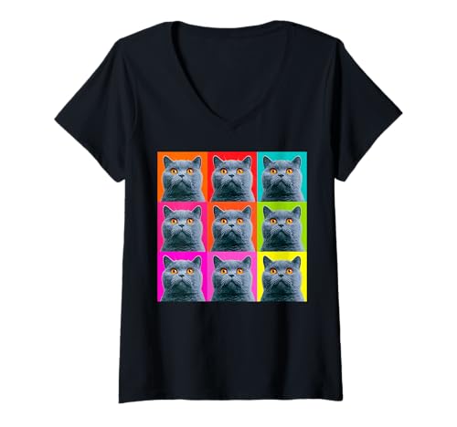 Damen Britische Kurzhaar-Katze, Farbblock, Pop-Art-Design T-Shirt mit V-Ausschnitt von Vivid Pet Pop Art Studio