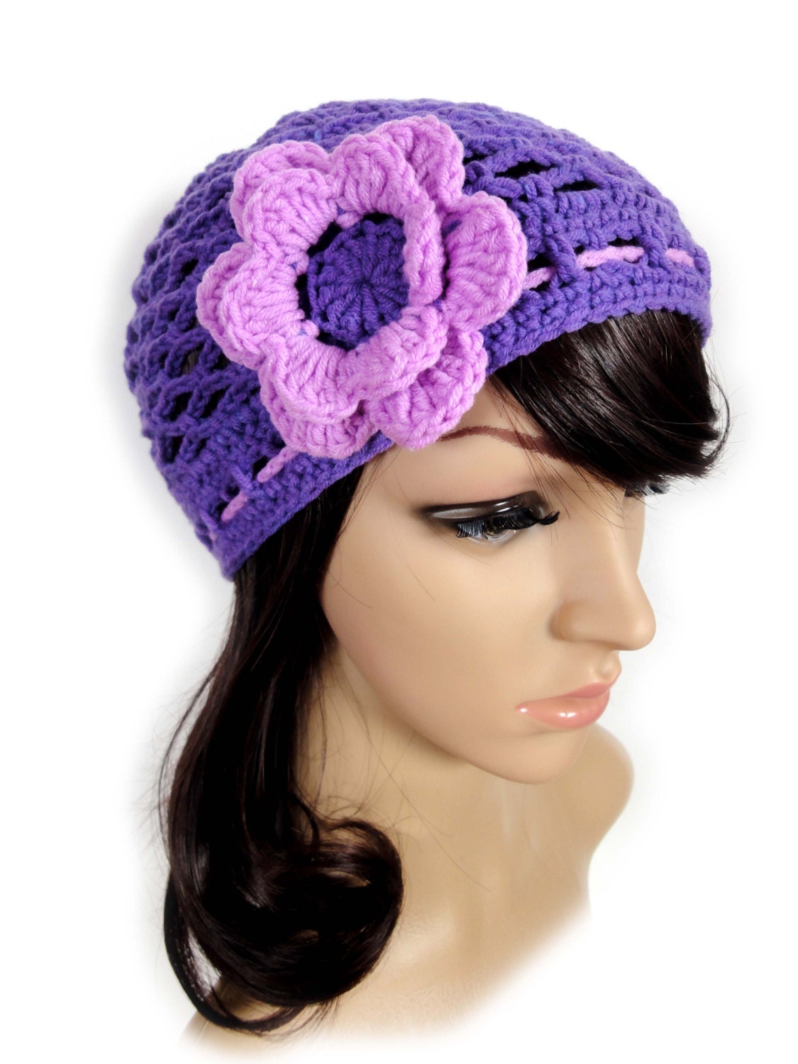 Ausverkauf Sofort Versandfertig. Net Häkelmütze. Lila. Einstellbar Mit Einem Kordelzug. Große Blume. Offene Stich Sommer Beanie. Für Frauen Und von VividBear