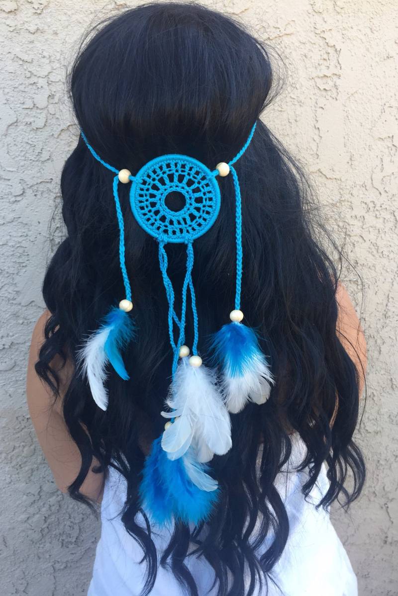 Gehäkelt Blau Creme Weiß Mandala Traumfänger Feder Stirnband - Häkelspitze Festival Rave Hippie Boho A1035 von VividBloom