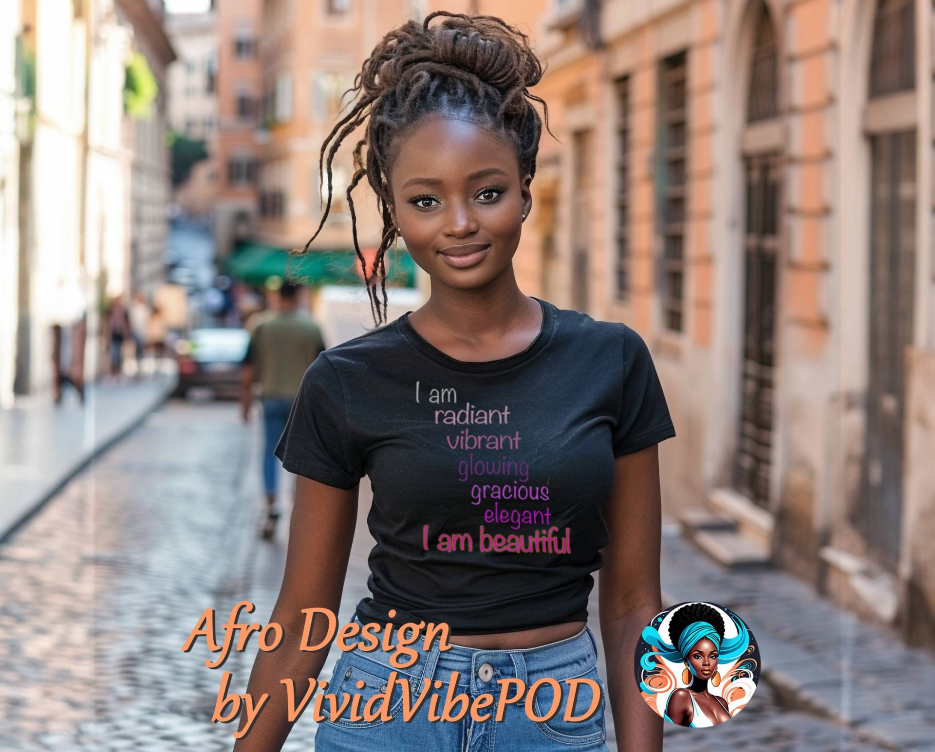 T-Shirt - I Am Radiant, Vibrant, Glowing, Gracious, Elegant. Beautiful Afro Design For Women. Melanin Affirmation von VividVibePOD